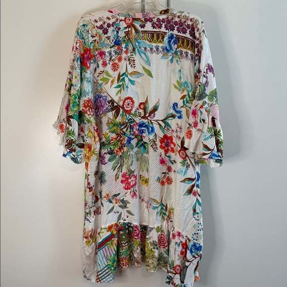 Johnny Was Gorgeous Pink and Blue Floral Kimono with Tie Front, Ruffles - Picture 3 of 11